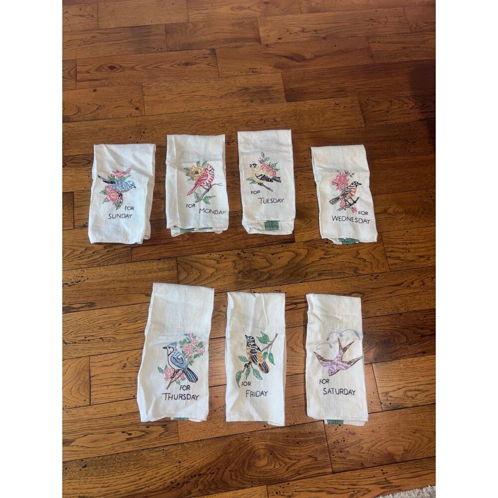 Vintage Hand-Embroidered Linen Kitchen Towels for Each Day of the Week